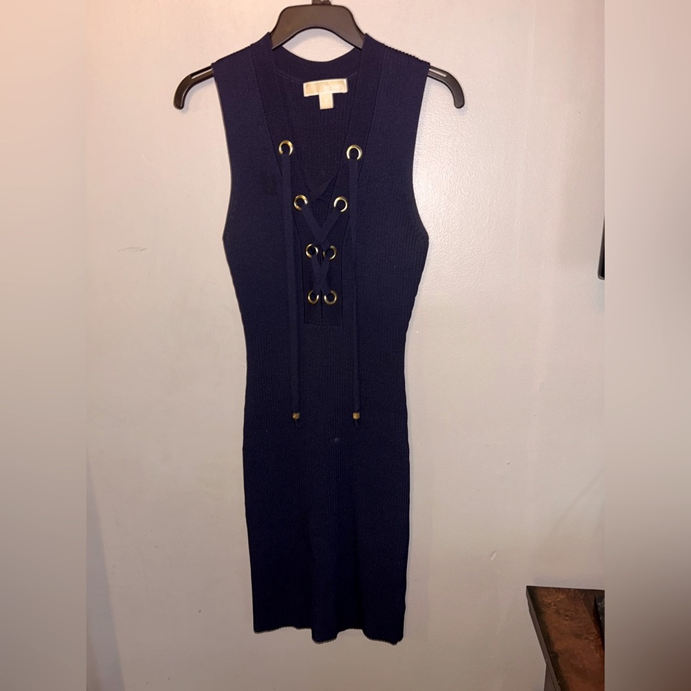 Michael Michael Kors Blue Sleeveless Lace Up Bodycon Ribbed Dress